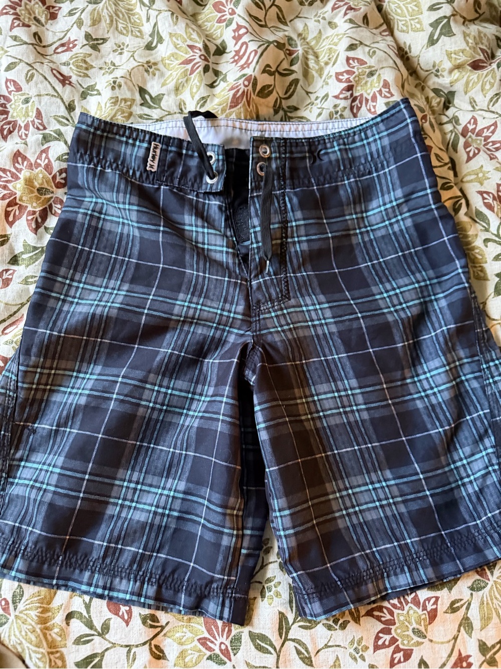Hurley Black and Teal Plaid Kids Swim Shorts